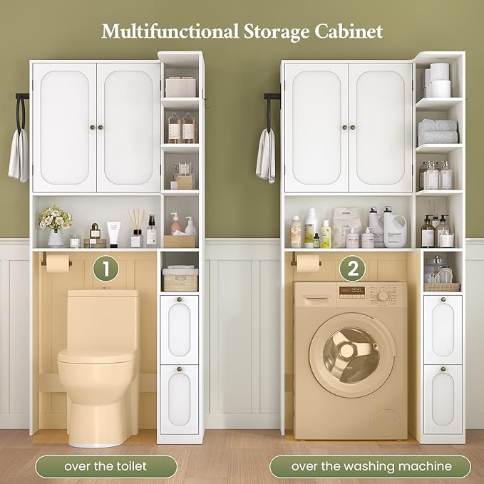 7-Tier L-Shaped Over Toilet Storage Cabinet with 2 Drawers, Tissue Holder & Towel Holder, Bathroom Storage Cabinet with 2 Doors & Adjustable Shelf for Bathroom, Laundry Room, White