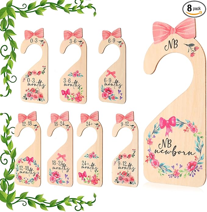 8Pcs Baby Closet Dividers Double Sided Baby Clothes Dividers Beautiful Wooden Nursery Clothes Size Hanger Organizer Minimalist Cute Design Decor Cloth Hanger Divider for Cloth Organizer