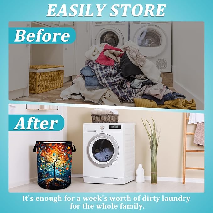 Colorful Love Tree Laundry Basket, Foldable Waterproof Oxford Cloth Spring Laundry Hamper Funny Tote Bag Dirty Clothes Storage Bucket Toy Organizer for Bathroom/Laundry/Bedroom 15.7"x19.6"