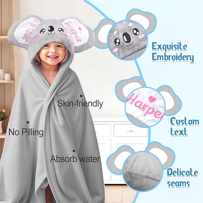 Baosity Custom Hooded Baby Towel with Name, Soft and Absorbent Customized Koala Toddler Towels, Baby Bath Towel for Boys and Girls, Easter Birthday Towel for Kids，Babies, Toddlers, Newborns Essential