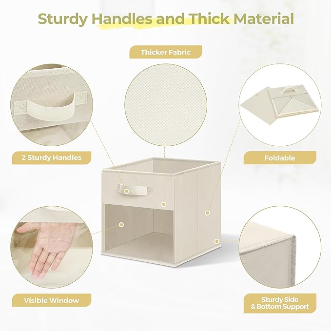Storage Bins with Clear Window, 11x11 Storage Cubes, Collapsible Cube Storage Box, Fabric Closet Organizers with Handles for Home, Office, Shelf, Closets, Living Room, Beige, 12 Pack