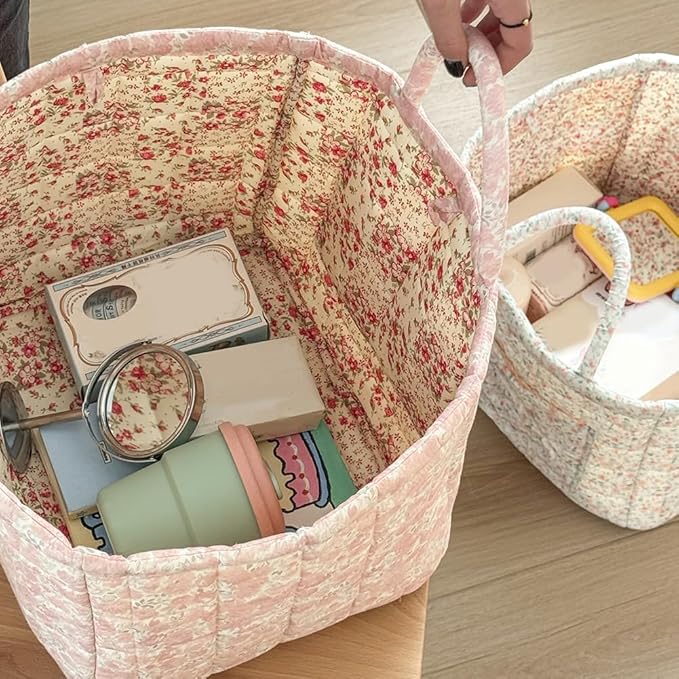 JQWYGB Foldable Laundry Basket Boho Bear Storage Basket Floral Quilted Fabric Car Storage Basket Handles Large Laundry Baskets for Clothes and Dolls