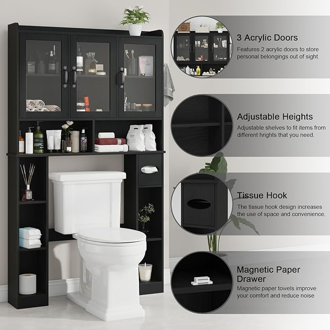 Vabches Over The Toilet Storage Cabinet,Farmhouse Bathroom Organizer with Glass Doors and Adjustable Shelf,Home Space-Saving Toilet Rack,for Restroom,Bathroom, Laundry