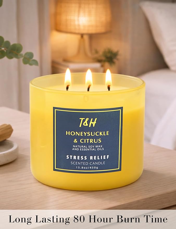 Honeysuckle Citrus 3 Wick Candle for Home Scented | 15.8 oz Large Soy Candle | Lemon Citrus Floral Scented Candle Strong | Aromatherapy Stress Relief Relaxation Candles | Gift for Women & Men