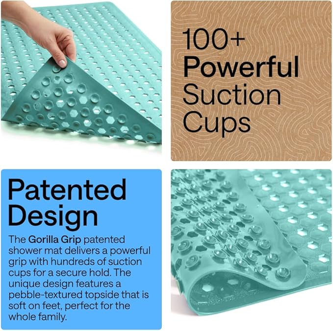 GORILLA GRIP Patented Square Shower Stall Mat, Small Bathtub Floor Mats for Stand Up Showers, Suction Cups and Drain Holes, Machine Wash, Soft on Feet, Bathroom Accessories 21x21 Inch Turquoise Opaque