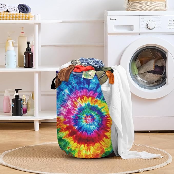 Colorful Tie Dye Laundry Basket with Sturdy Handles, Collapsible Oxford Cloth Laundry Hamper Organizer Basket for Bathroom Bedroom 15.7x20 Inch