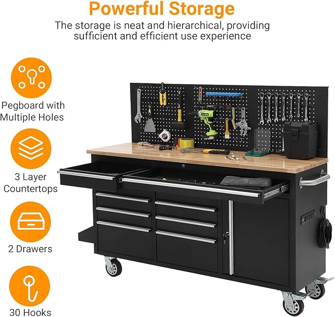 61" Rolling Tool Chest with 10 Drawers, Workbench Cabinet with Power Strip, Solid Rubber Wood Top, 1675 LBS Load, Mobile Heavy Duty Garage Storage, Locking Wheels