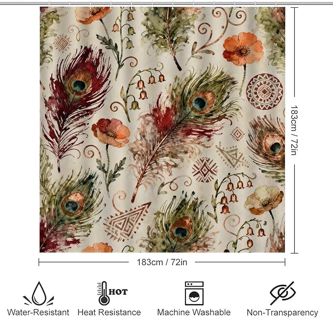 4 Piece Bathroom Rug Set with Shower Curtain, Non-Slip Bath Mat Toilet Cover Set, Peacock Feathers Bathroom Rug Sets