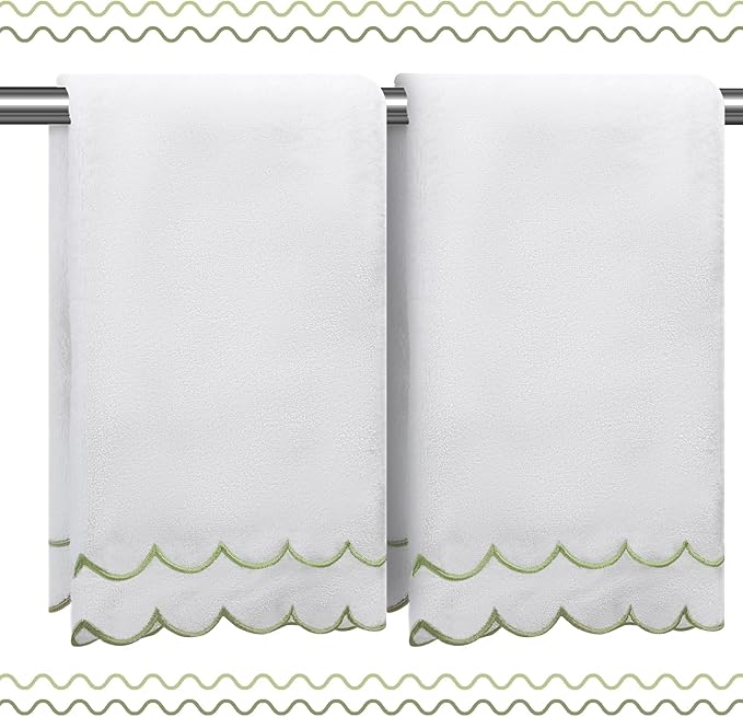 100% Cotton Hand Towels for Bathroom 2 Pcs Scalloped Hand Towels 16 * 27 Inch Embroidered Decorative 600 GSM Soft Absorbent Bath Towel for Spa Yoga Hotel Sport (Sage Green)