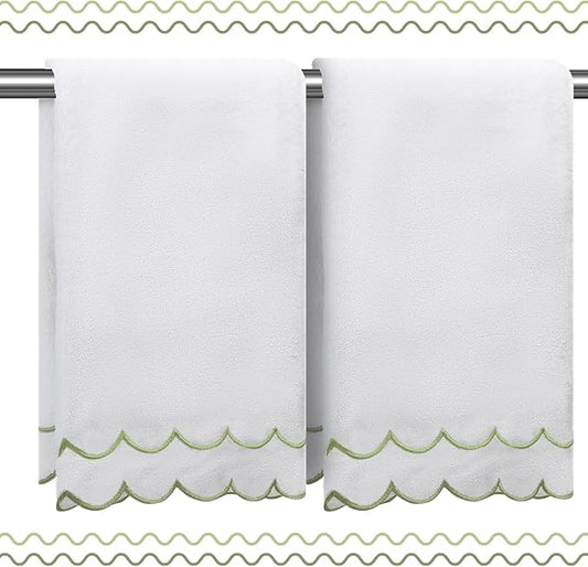 100% Cotton Hand Towels for Bathroom 2 Pcs Scalloped Hand Towels 16 * 27 Inch Embroidered Decorative 600 GSM Soft Absorbent Bath Towel for Spa Yoga Hotel Sport (Sage Green)