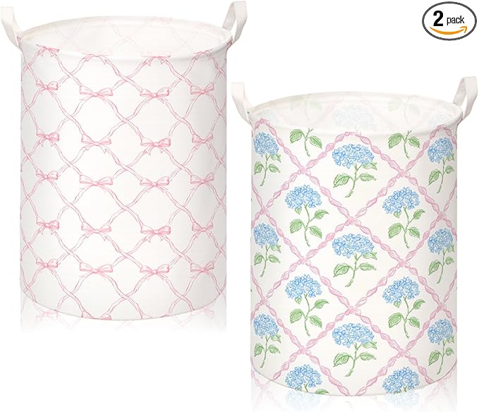 2 Pcs Laundry Basket Coquette Storage Basket for Girls Nursery Hamper with Handles Foldable Waterproof Collapsible Storage Bin Organizer for College Dorms Bathroom(Hydrangea)