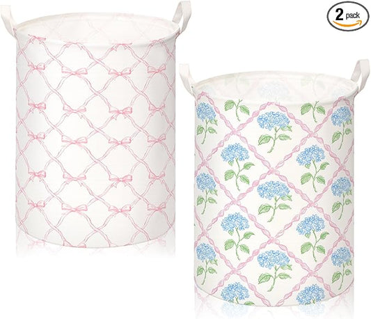 2 Pcs Laundry Basket Coquette Storage Basket for Girls Nursery Hamper with Handles Foldable Waterproof Collapsible Storage Bin Organizer for College Dorms Bathroom(Hydrangea)