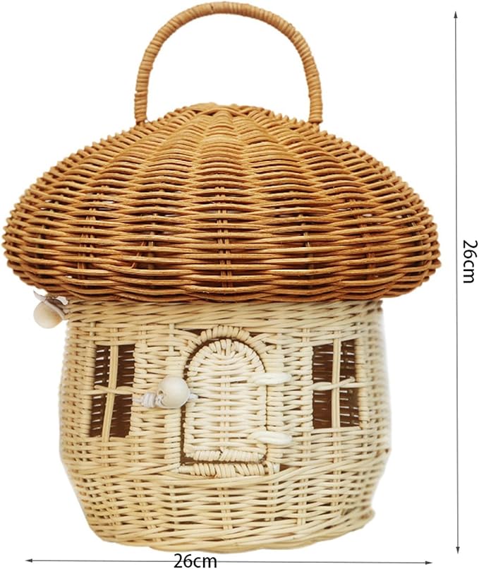 Mushroom Basket House Shaped with Lid Portable Decorative Rattan Handle Photography Props Gifts-Mushroom Decor(A)