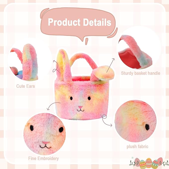 Easter Baskets for Kids,Plush Egg Hunting Easter Buckets with Handle Folded Ears, Gifts Boys Girls
