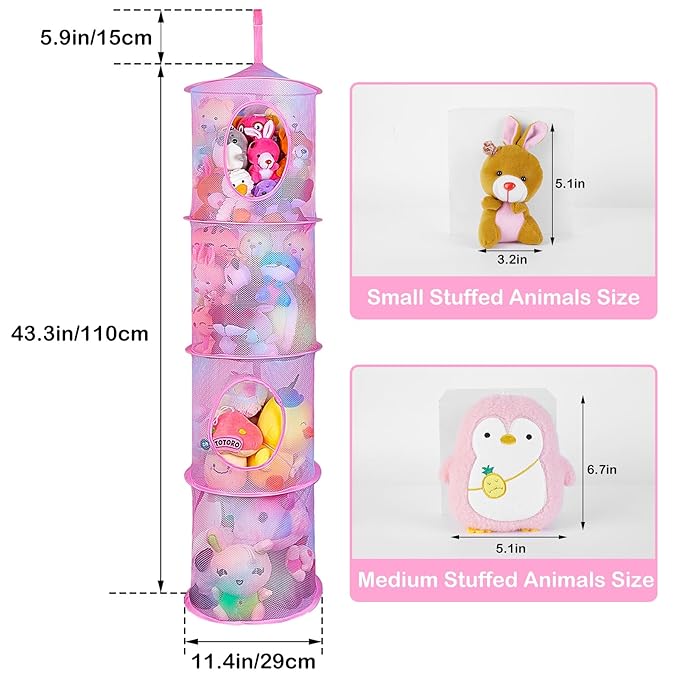 Basumee Stuffed Animals Net or Hammock 2 Pcs Stuffed Animals Storage Toy Net Hammock for Plushies Storage Organizer Mesh Kids Girls Room Decor, Pink, 4 Tiers