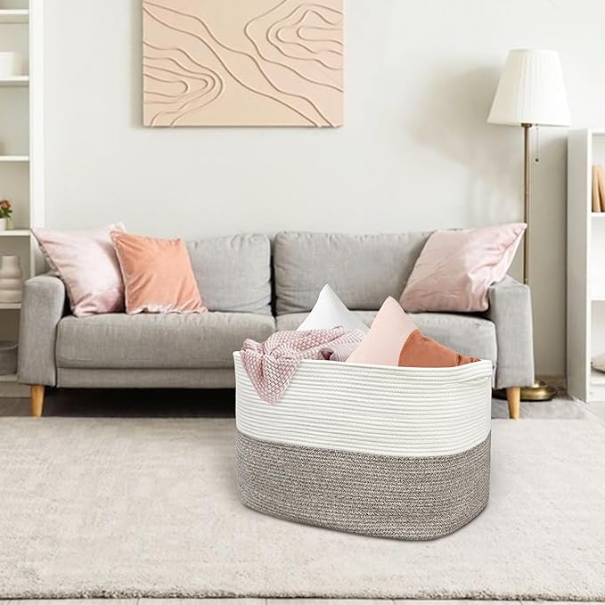 XXXXL Rope Basket for Blankets, 25" x 16" x 16"(108L) Rectangle Blanket Basket Living Room, Extra Large Wicker Woven Blanket Pillow Storage Basket, Kids Dog Toy Basket Storage Bins Organizer