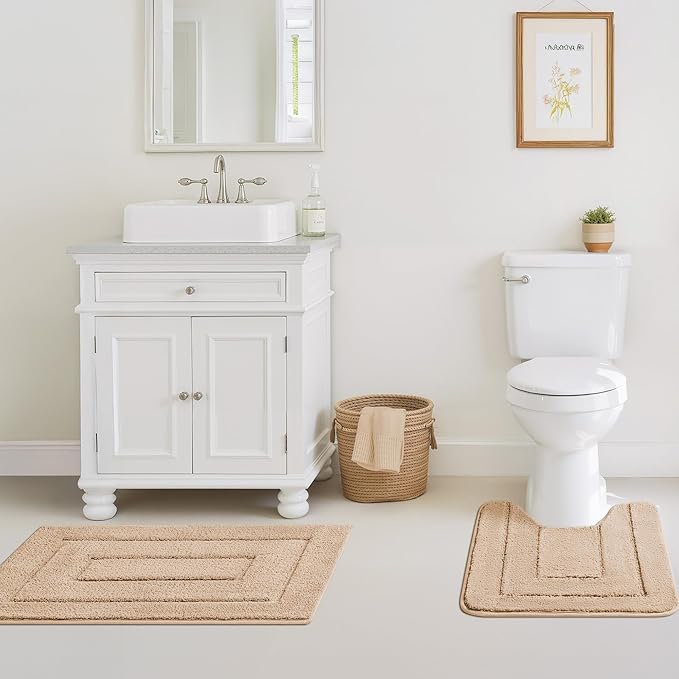 GRANNY SAYS Bathroom Rugs Sets 2 Piece, Soft Absorbent Microfiber Bath Mats for Bathroom Non Slip Washable, U-Shaped Toilet Bath Rugs for Tub Shower (Beige, 20" x 32" + U Shaped 20" x 24")