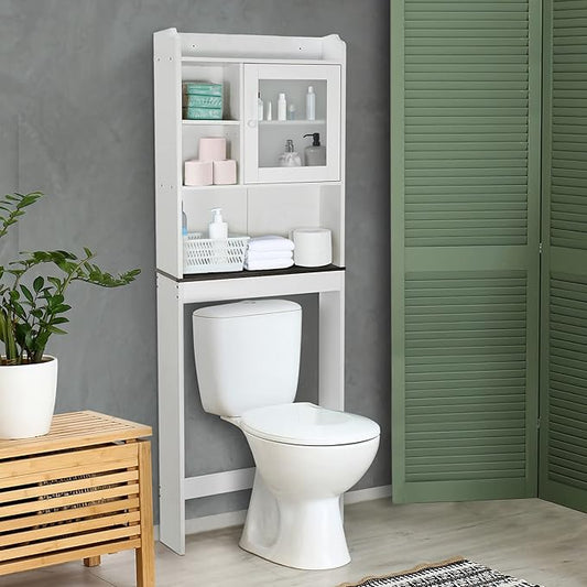ZenStyle Over The Toilet Cabinet Double Door Wood Bathroom Storage Organizer with Adjustable Shelves, Cubby and Tempered Glass Door (White)
