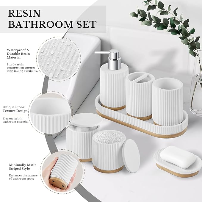 7PCS Bathroom Accessories Set, with Soap Dispenser, Q-tip Holder, Toothbrush Holder, Tumbler, Soap Dish, Vanity Tray, Bathroom Set Complete Organizer Countertop for Modern Decor, White