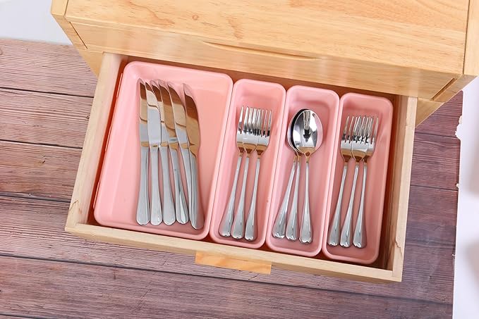 25 PCS Pink Drawer Organizer Set, 4 Size Interlocking Plastic Storage Bins for Office Supplies, Jewelry Makeup Vanity, Bathroom Kitchen, Home Organization Closet, Gadgets Small Items