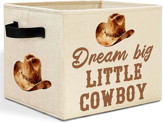 Western Cowboy Nursery Storage Bins Box with Handles, Dream Big Little Cowboy Country Western Laundry Basket Hamper Collapsible Clothes Toys Organizer for Kids Boys Bedroom Bathroom