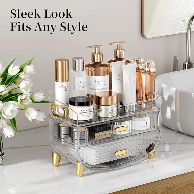 LAMU Makeup Organizer With 2 Drawers, Bathroom Storage With Four Non-Slip Feet And Dust-Proof, Simple And Stylish For Desktop, Vanity, Bathroom Countertops, Clear, Ideal Christmas Gifts for Girls
