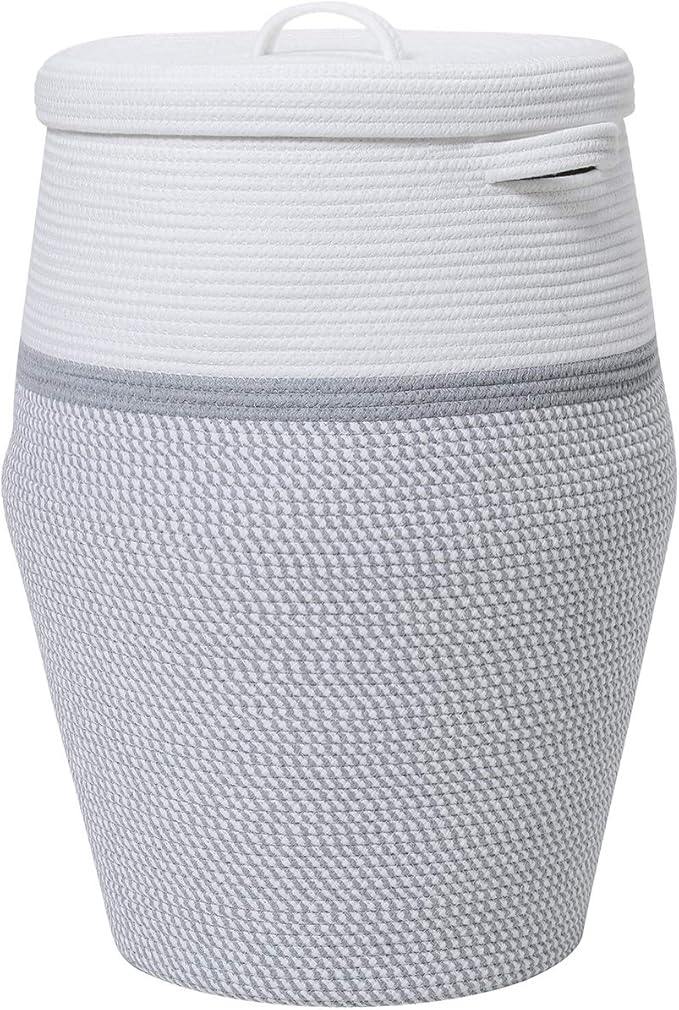 26" x 20" Handcrafted Tall Cotton Rope Basket with Lid, Stylish Flagon Shape with Cover, Clothes Hamper with Top, for Bedroom and Living Room, White/Grey Mix