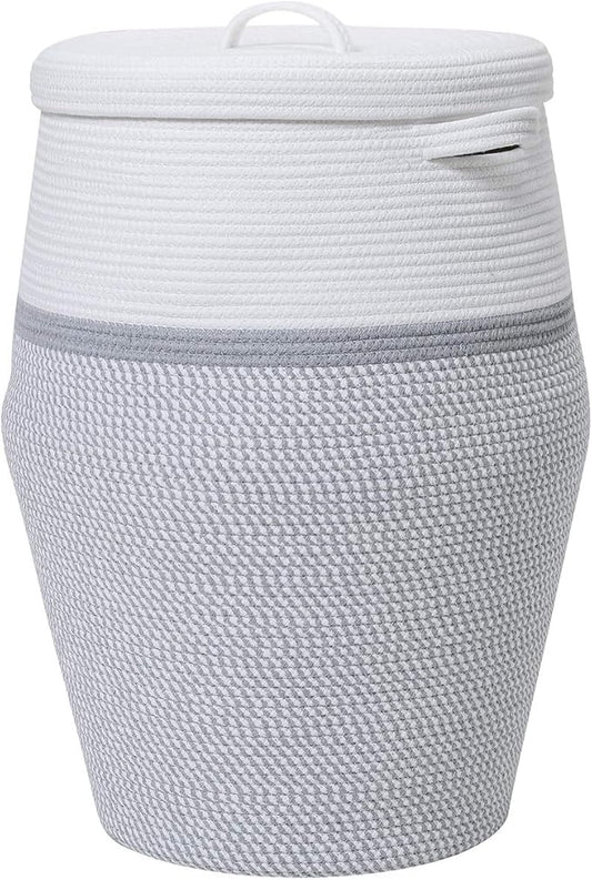 26" x 20" Handcrafted Tall Cotton Rope Basket with Lid, Stylish Flagon Shape with Cover, Clothes Hamper with Top, for Bedroom and Living Room, White/Grey Mix