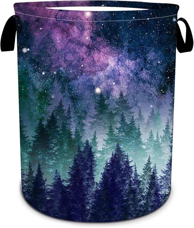 Galaxy Laundry Basket, Purple Forest Laundry Hamper Funny Tote Bag Dirty Clothes Storage Bucket Toy Organizer for Bathroom/Laundry/Bedroom 15.7"x19.6"
