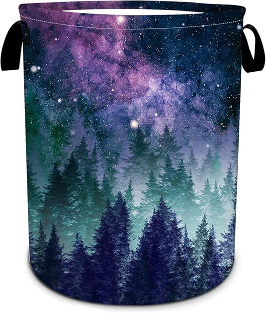 Galaxy Laundry Basket, Purple Forest Laundry Hamper Funny Tote Bag Dirty Clothes Storage Bucket Toy Organizer for Bathroom/Laundry/Bedroom 15.7"x19.6"