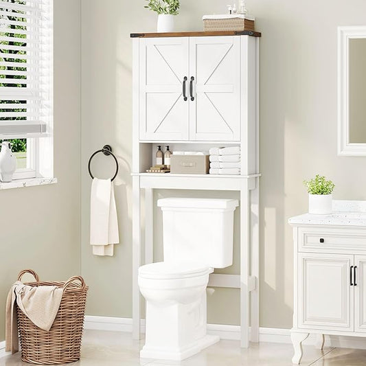 Over The Toilet Storage Cabinet, Farmhouse Over Toilet Bathroom Organizer with 2 Barn Doors, Narrow Above Toilet Storage Cabinet, Behind Toilet Bathroom Organizer (Rustic White)