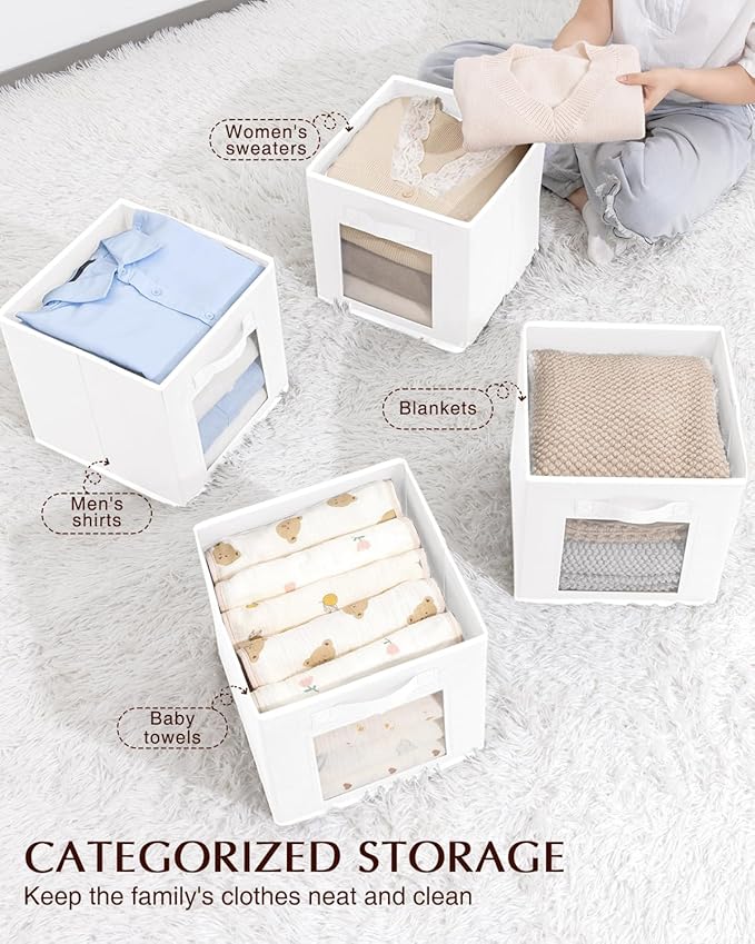 Storage Cube 11 Inch - Cube Storage Bins with Window, Closet Storage Baskets with Handle, Fabric Bins for Closet, Shelves, Toys, Clothes, Set of 8, White
