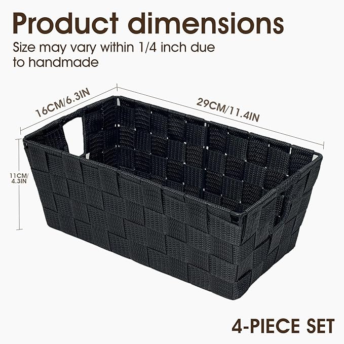 homyfort Black Storage Baskets for Shelves, Woven Shelf Baskets for Organizing, Small Strap Organizer Basket for Bathroom Storage, Set of 4