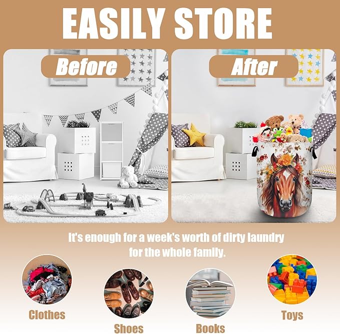 Watercolor Horse Laundry Basket, Foldable Waterproof Animals Floral Laundry Hamper Tote Bag Dirty Clothes Storage Bucket Toy Organizer for Bathroom/Laundry/Bedroom 15.7"x19.6"