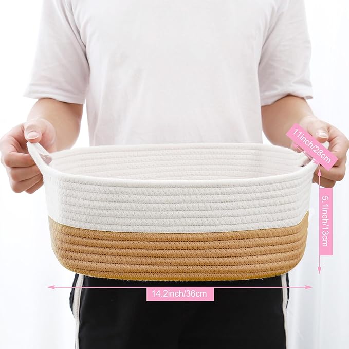 ABenkle Small Storage Basket with Handles, Cotton Rope Woven Dog Cat Toy Bin, Decorative Shelves Closet Organizing for Nursery Laundry Bedroom Bathroom, 14.2''x 11''x 5.1''