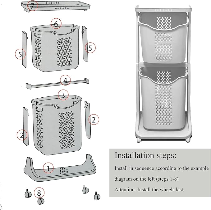 Laundry Basket with Wheels Plastic,2 Tier,40L+32L Large Capacity,Storage Organizers for Kitchen, Bathroom, Easy Mobility Multi-Functional Hampers