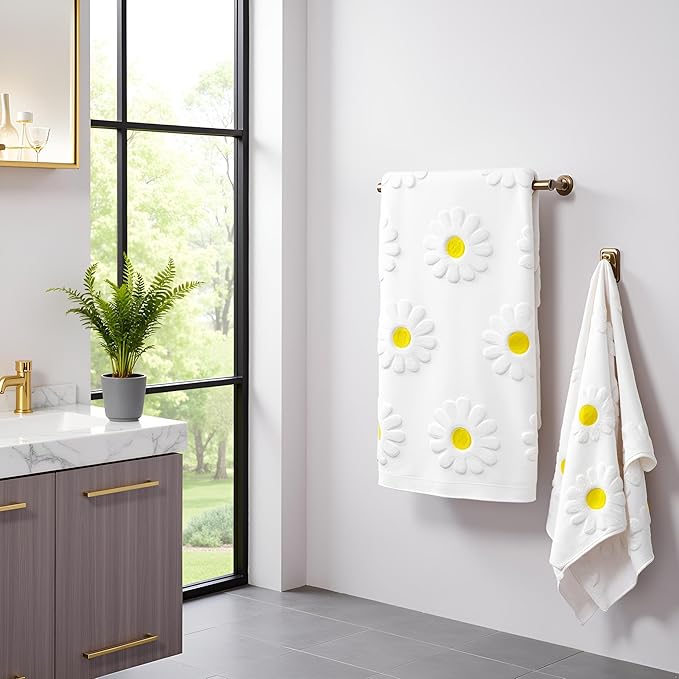2pcs Daisy Hand Towels for Bathroom Decorative Towels Set 100% Cotton White Jacquard Spring Summer Floral Bath Towels Dish Kitchen Towels Kitchen Bathroom Decor Gift(Daisy White)