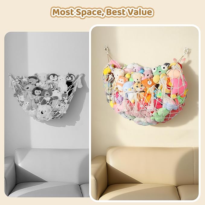Yecaye 60 IN Stuffed Animal Net Hammock Large, Hanging Stuffed Animal Storage with Handmade Macrame Tassels, Net for Stuffed Animals Corner Large for Nursery Living Room Wall Decoration, Cream White