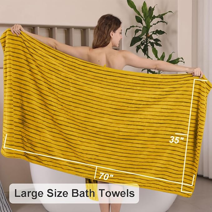 4 Pcs Yellow Cabana Stripe Large Bath Towels 35"x70" Oversized Bath Sheet Super Soft Breathable Jumbo Bathroom Towels Highly Absorbent Shower Towel Quick Dry Beach Chair Towel Spa Gym Hotel Towel Set