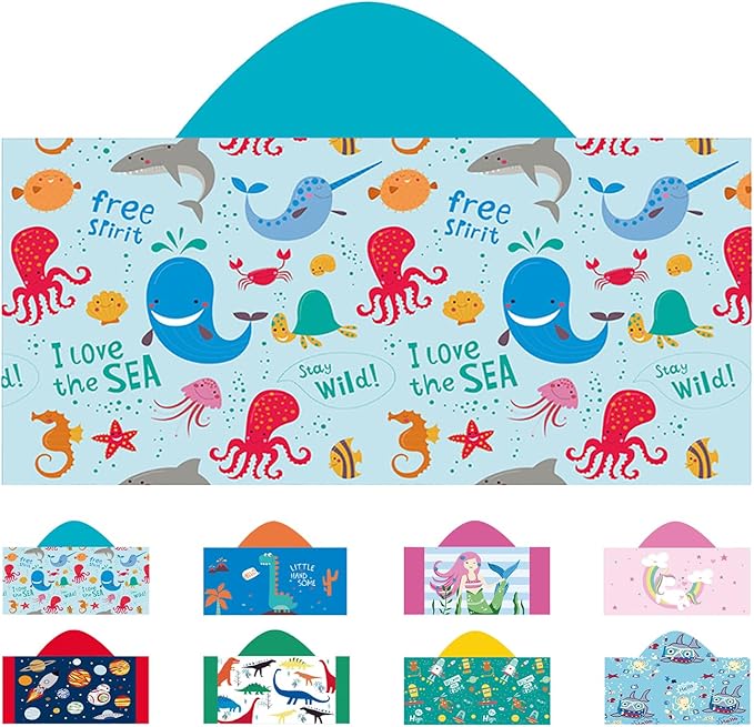 Hooded Beach Towel, Microfiber Hooded Beach Towel For Kids Toddler Infant Boy Girl, Beach Towel with Hood For Bath Pool Swim Summer Beach Essentials Cartoon Shower Gifts (24x50 Inch, Marine Wave)