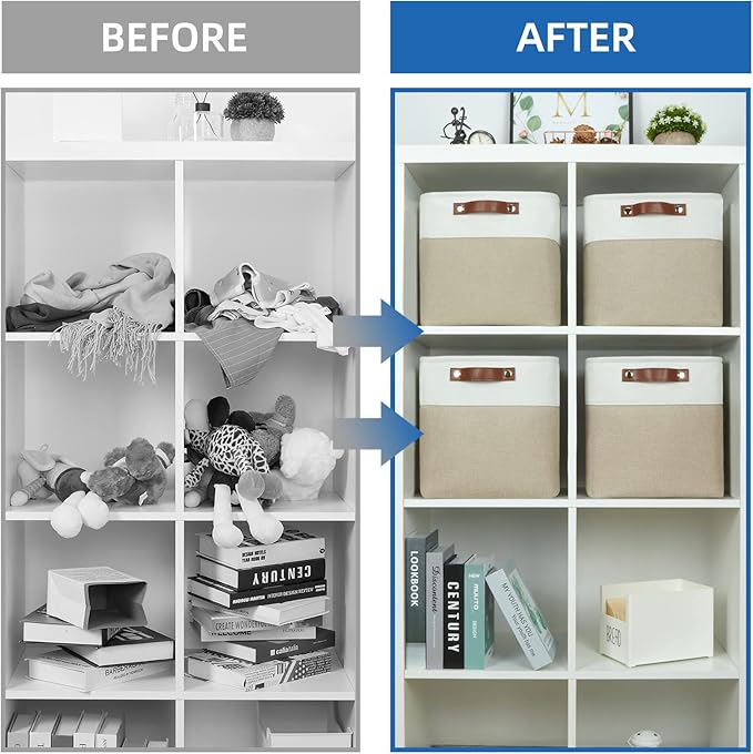 Temary 11 x 11 Cube Storage Bins Fabric Storage Baskets 4 Pack Cubes Baskets with Handles for Organizing Clothes, Organizer Bins for Storage (White&Khaki)