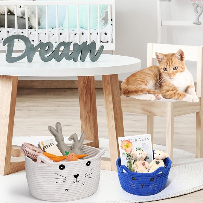 Zopeal Cat Basket Storage Woven Organizer with Ears Christmas Decorative Pet Toy Cute Cotton Rope Basket for Gift Cat Dog Toy Bin Nursery Room(8.3 x 4.7 Inch,Royal Blue)