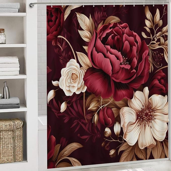 4 Piece Decor Shower Curtains Sets Rug Toilet Lid Cover and Non-Slip U Shape Mat Elegant Burgundy Floral Waterproof Fabric Bath Curtain Red and White Floral for Bathroom Decor Set