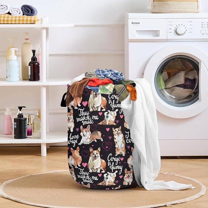 Cute Corgi Dog Laundry Basket with Sturdy Handles, Dog Lover Collapsible Oxford Cloth Laundry Hamper Organizer Basket for Bathroom Bedroom 15.7x20 Inch