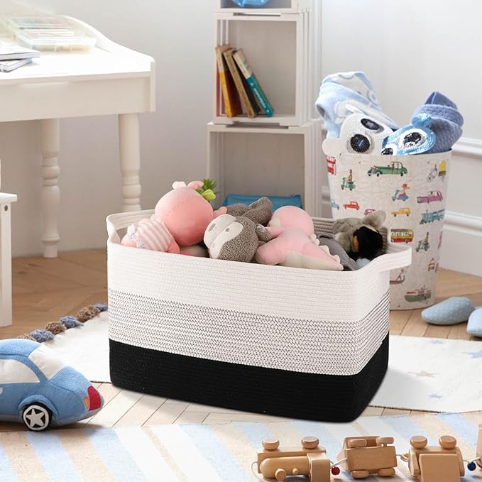 OIAHOMY Large Storage Basket, Cotton Rope Woven Blanket Basket, Toy Bin for Baby Room, Container for Blanket Storage in Living Room, 20''×16''×12'', Gradient Black