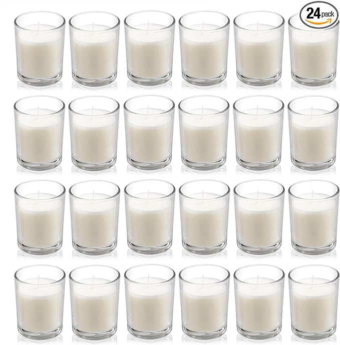 Housecret 24 Pack Warm White Unscented Clear Glass Filled Votive Candles. Hand Poured Wax Candle Ideal Gifts for Aromatherapy Spa Weddings Birthdays Holidays Party