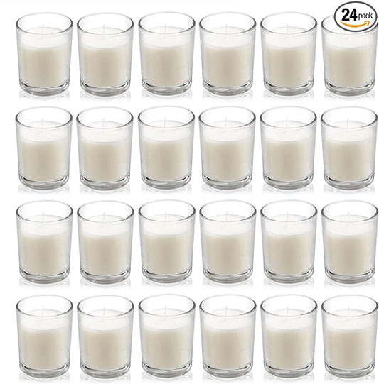 Housecret 24 Pack Warm White Unscented Clear Glass Filled Votive Candles. Hand Poured Wax Candle Ideal Gifts for Aromatherapy Spa Weddings Birthdays Holidays Party