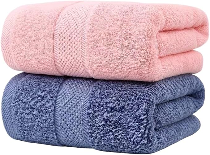 2 Pack Cotton Bath Towels, Absorbent & Soft, Long Staple Cotton, 70x140cm for Adults(Pink Blue)
