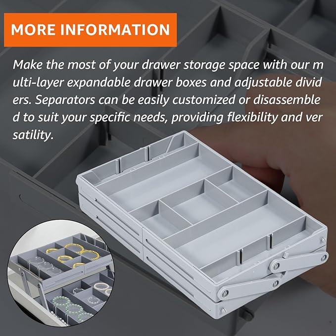 2/3 Tier Drawer Organizer, Collapsible Multi Level Drawer Organizer Tray, Expandable Bathroom Desk Drawer Organizer Trays, Adjustable Compartments Storage Trays for Jewelry (Single Row 2 Tiers)