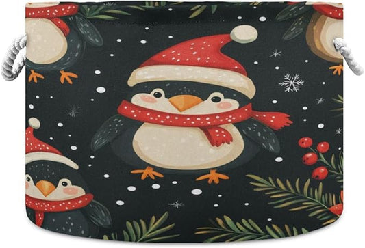 Blanket Storage Basket for Living Room - Cute Christmas Penguin Large 20"x20"x14" Cotton Rope Handles Laundry Basket, Foldable for Toy Storage, Blanket Basket